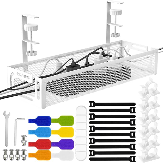 No Drill Under Desk Cable Management Tray, SONATURE 15.7" Cord Organizer for Table, Clamp Mount Desk Cable Management, Premium Carbon Steel Cable Organizer for Office, Home (White)