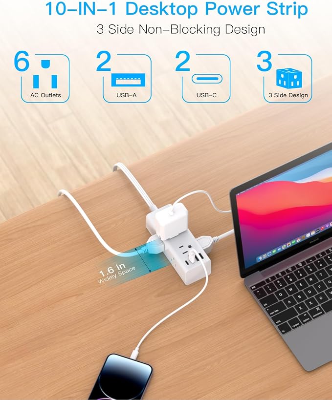 1Ft Extension Cord with Multiple Outlets, Flat Plug Power Strip Surge Protector with 1 Ft Cord, 6 Outlet 4 USB Ports (2 USB C), Multi Outlet Wall Plug for Travel, College, Dorm Room Essentials(White)