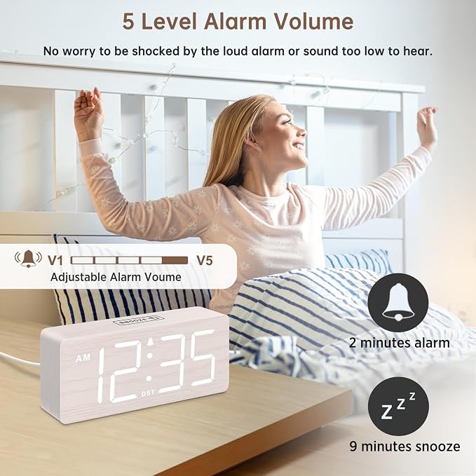 DreamSky Wooden Digital Alarm Clock for Bedroom with Large Numbers | Desk Clock for Living Room Office, Loud Alarm for Heavy Sleepers Adults, Volume Control, Dimmer, DST, Wood Decor (Plug-in)