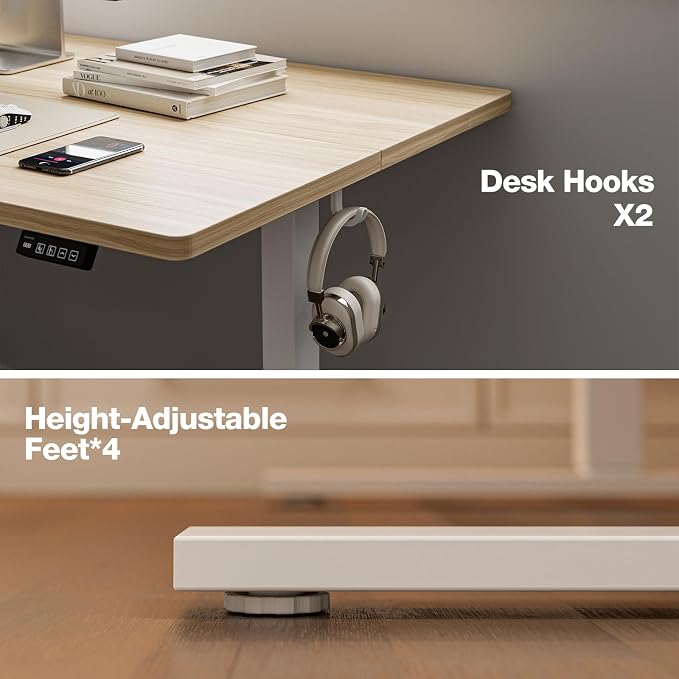 Grandder 47x32 Large Electric Standing Desk, Height Adjustable Computer Desk with 2 Memory Presets, 31.5" Deep Desktop Sit Stand Desk Home Office Desk Workstation Table with Hooks, Light Walnut