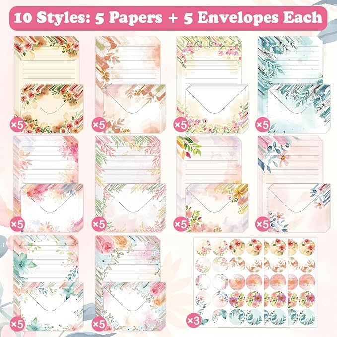 FUNCLASS 160 Pcs Stationery Set Letter and Envelopes – 50 Lined Stationery Paper and 50 Matching Envelopes, 5.5 x 8.25 Inches Letter Writing Stationery for Home, Office, School (Floral)