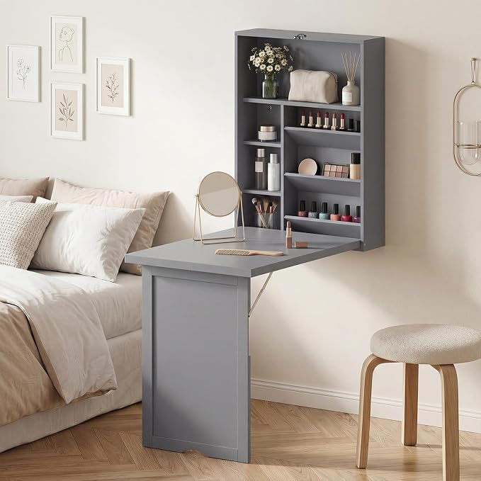 Giantex Wall Mounted Desk, Foldable Convertible Computer Desk with Storage Shelves, Space Saving Fold Out Table, Folding Floating Writing Desk for Small Spaces, Home Office, Bedroom, Apartment (Grey)