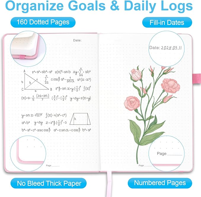 Dotted Journal Notebook A5, Dot Grid Bullet Journal for Women, 160 Pages with 100gsm Thick Paper for Journaling, Planning, Habit Tracking & Notes, Gift for Women, Pink