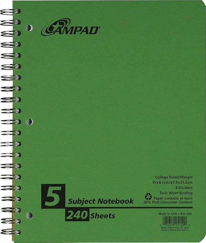 Earthwise by Oxford Recycled 5-Subject Notebook, 8-1/2" x 11", College Rule, 3-Hole Punched, 240 Sheets (25-159R)