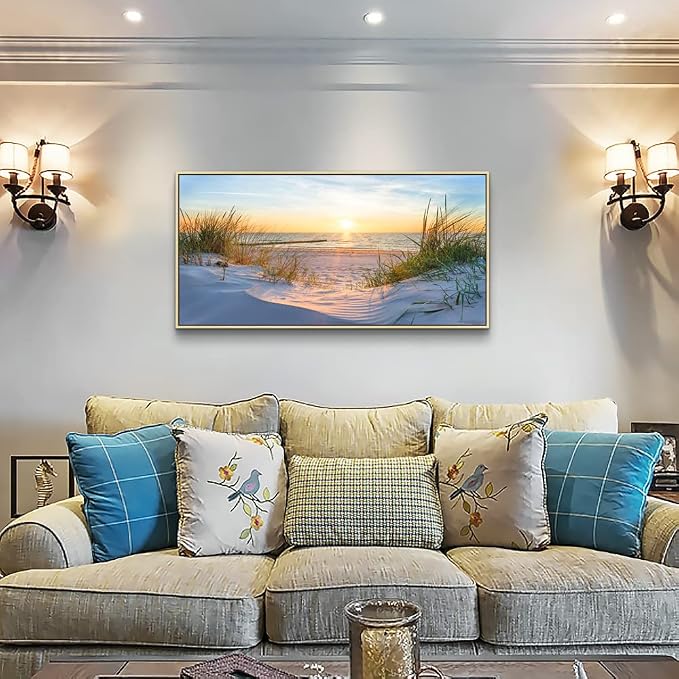 MHARTK66 Framed Wall Art for Living Room Modern Wall Decor for Bedroom Beach Landscapes Painting Coastal Picture Ocean Sunset Artwork for Walls Canvas Prints for Bathroom Office Large Home Decorations