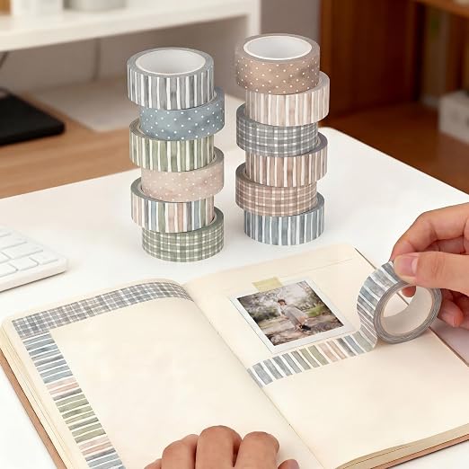 12 Rolls Watercolor Floral Washi Tape Set 15 mm Vintage Flower Decorative Masking Tape for Summer School Arts DIY Craft Scrapbook Journal Supplies Gifts(Watercolor,Stripes and Plaid)