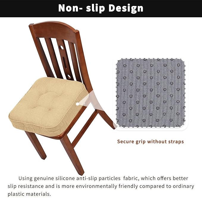 GOFORIT Memory Foam Cushion，Square Seat Cushions for Dining Chairs,Non-Slip Chair Pads with Removable Cover, 16'' x 16'', Khaki