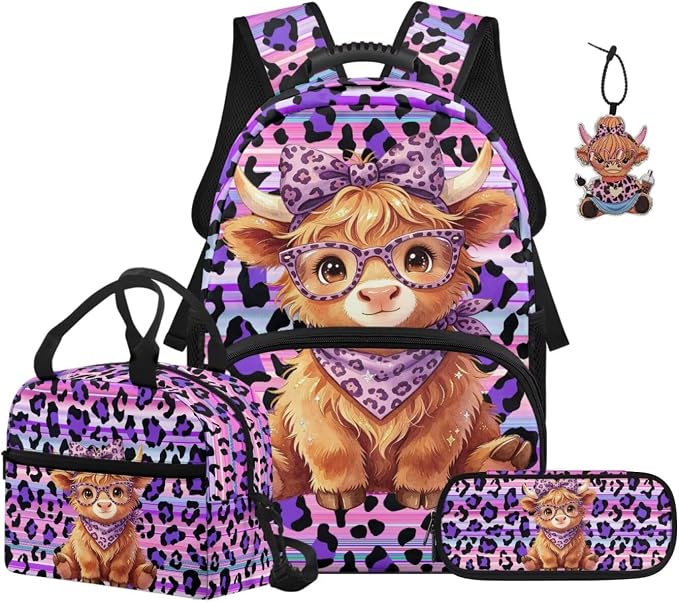 ZFRXIGN Highland Cow Girls Backpack for Elementary School Bookbag with Cute Pendant 4pc Backpack Set for Girls Cheetah Print Insulated Lunch Box Pencil Case Purple