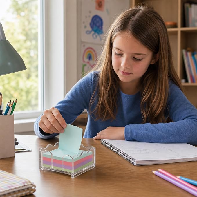 Scalloped Acrylic Sticky Note Holder - 1pc Clear Cute Notepad Holder, 3x3 Inch Wave Design Post It Dispenser Desk Organizer for Office & Classroom