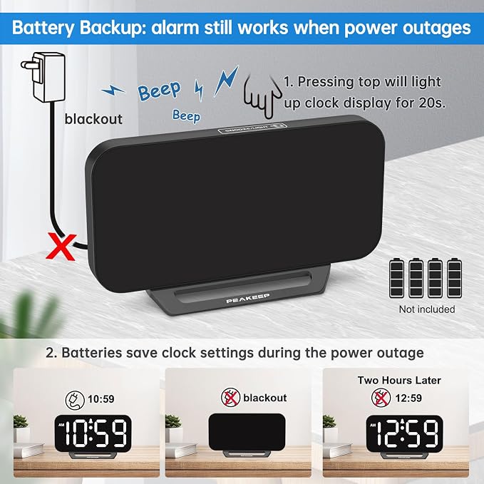 Peakeep Small Digital Alarm Clock for Bedrooms, Loud for Heavy Sleepers | Dimmable Plug in Electric Large Numbers Clock Battery Backup, Slim Clock for Table Office Modern Living Room (BW)