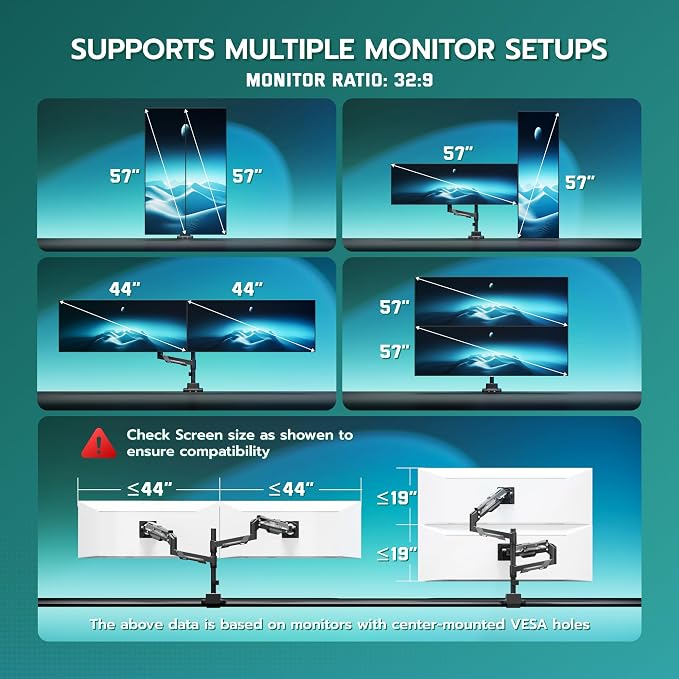 ARES WING Heavy Duty Dual Monitor Mount with USB for 24-57 Inch, Black | Adjustable Stacked Gas Spring Desk Mount for 2 Ultrawide Screens, VESA 75/100/200mm Mount