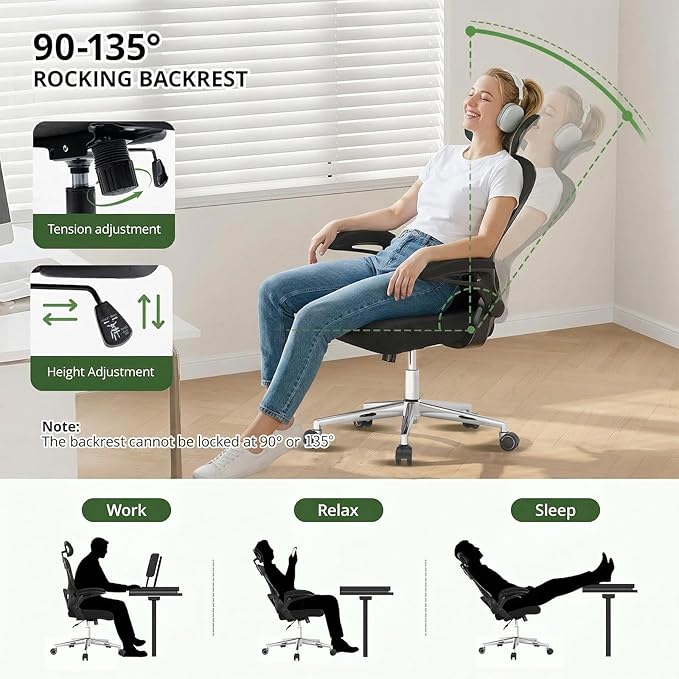 Office Chair, Ergonomic Breathable Mesh,Flip-Up Arms and Adjustable High Back Lumbar Support,Comfy Computer Chair for Home Office (Black, 407)