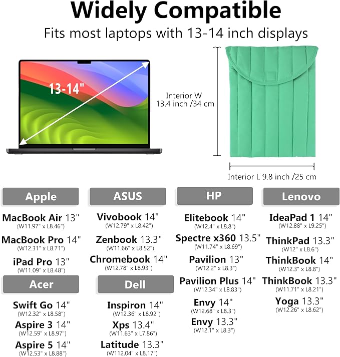 Puffy Laptop Sleeve 13-14 Inch Light Green, Protective Carrying Case for Men and Women, Cute Case Bag Compatible with 13 and 14 Inch Laptops, for MacBook Air M2, Asus/Dell Xps in Cover