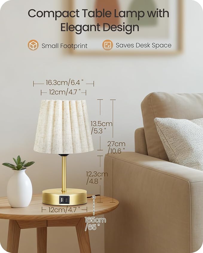 Small Bedside Table Lamp, Touch Dimmable Table Lamp with USB Ports, Nightstand Lamp with a Stepless Dimming LED Bulb, E26 Base, for Bedroom, Study, Desk, Gold and Beige DE16TL05