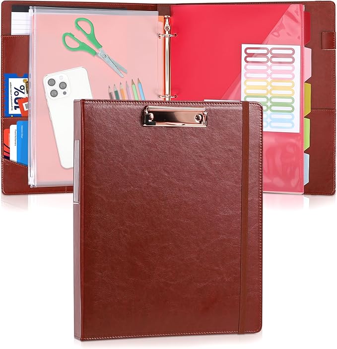 Leather Binder Portfolio with Clipboard 1 Inch, 13" × 11" PU Clipboard Binder with Notepad, 5 Dividers with Pockets, Removable Folder,Labels,Great for School Office(Fit Letter Sized Paper)