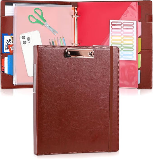 Leather Binder Portfolio with Clipboard 1 Inch, 13" × 11" PU Clipboard Binder with Notepad, 5 Dividers with Pockets, Removable Folder,Labels,Great for School Office(Fit Letter Sized Paper)