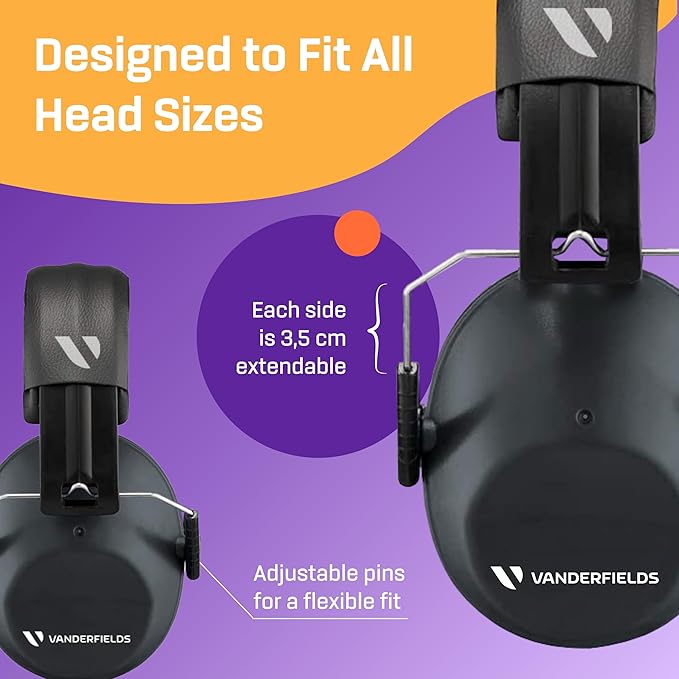 Vanderfields - Hearing Protection Ear Muffs - Over 33 dB (2K Hz) Broad Noise Cancelling Sound Reduction - Adults & Teens