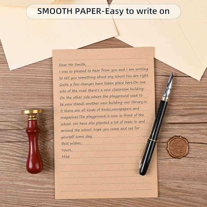 48 Pieces Stationery Set with Envelopes (24 Kraft Paper Sheets + 12 Linen Texture Envelopes+12 Wax Seal Stickers), Stationery Letter Writing Paper Set for Love Letters and Party Invitations (White)
