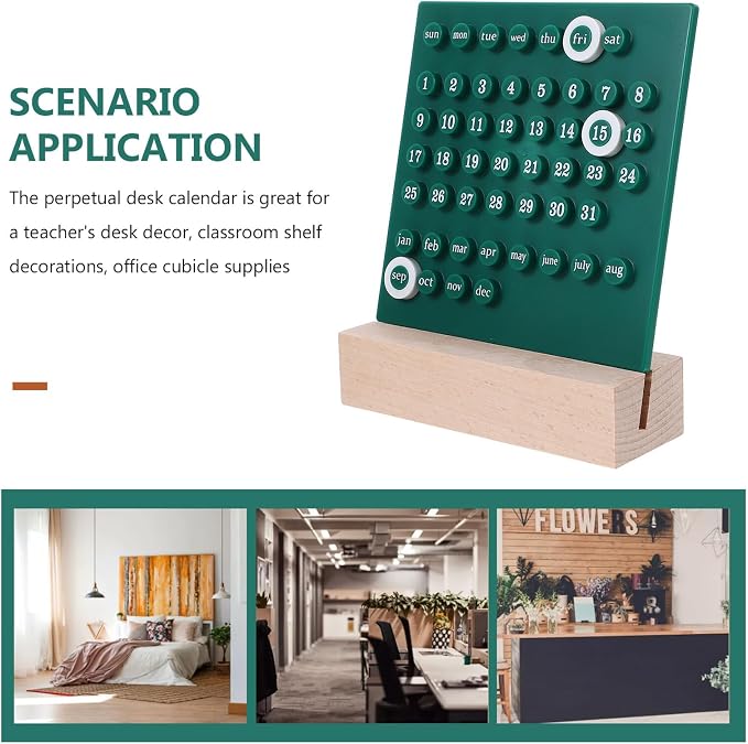 Luxshiny Perpetual Desk Calendar with Base Acrylic Date Display Kawaii Green Desk Ornament for Office and Home Decoration Smooth Edges Reusable Desktop Accessory