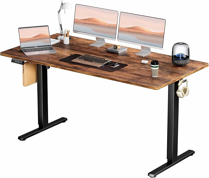 Sweetcrispy Electric Standing Desk Adjustable Height, 63x24 Inch Sit Stand Up Home Office Desks Memory Computer Workstation PC Work Table with Preset Splice Wood Board Metal Frame, Rustic
