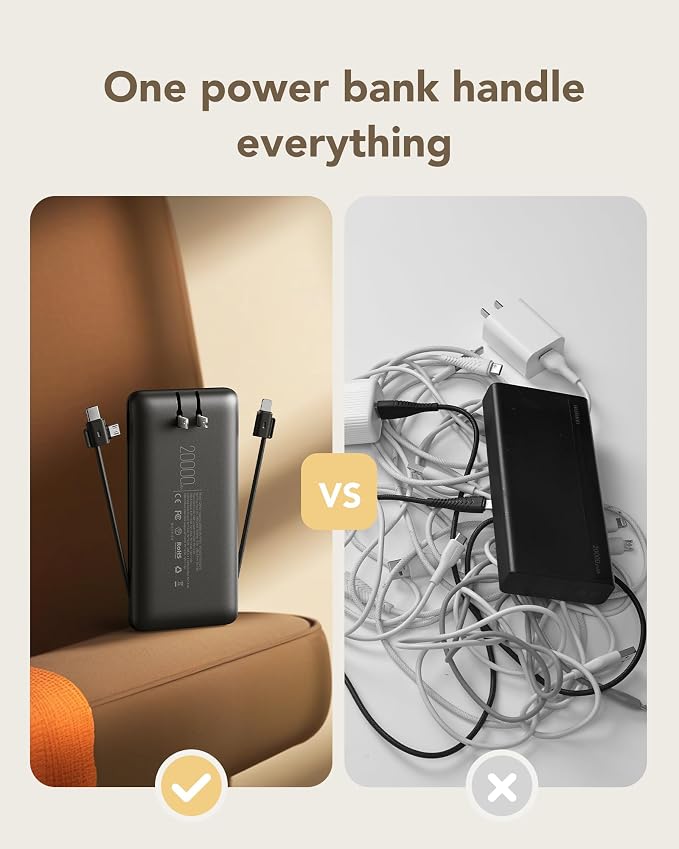 charmast Portable Charger with Built-in Wall Plug and Cables, 20000mAh Power Bank Travel Essentials, 20W Fast Charging Battery Pack Compatible with iPhone 17/16/15/14/13/12/11, Samsung, Android