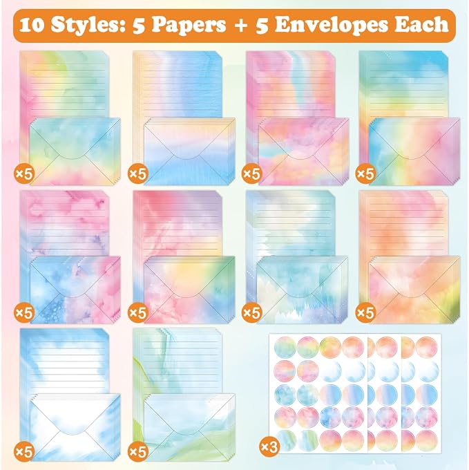 FUNCLASS 160 Pcs Stationery Set Letter and Envelopes – 50 Lined Stationery Paper and 50 Matching Envelopes, 5.5 x 8.25 Inches Letter Writing Stationery for Home, Office, School (watercolor-A)