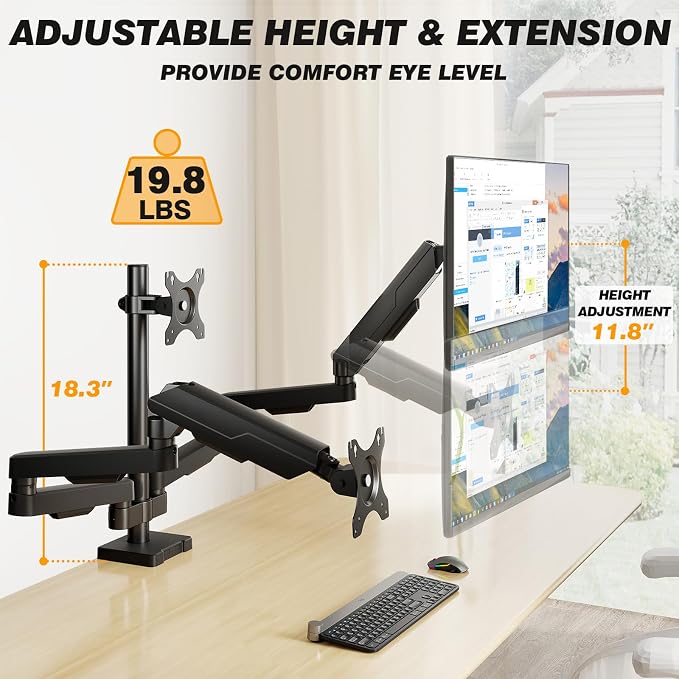 5Rcom Triple Monitor Mount Stand for 17-34 Inch Computer Screens | Gas Spring Full Motion Arms, Each Holds 22lbs, Compatible 75/100mm VESA Mount