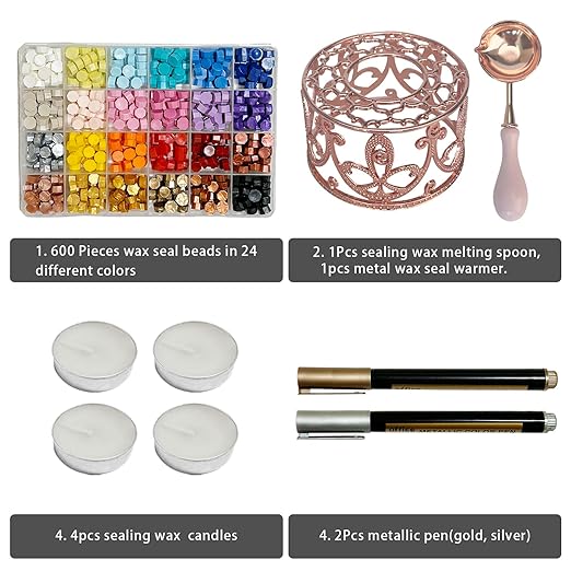 Sealing Wax Kit, Wax Seal Warmer with 24 Colors 600pcs Beads, Spoon and Metallic Pen, for Spring Gift and Decoration