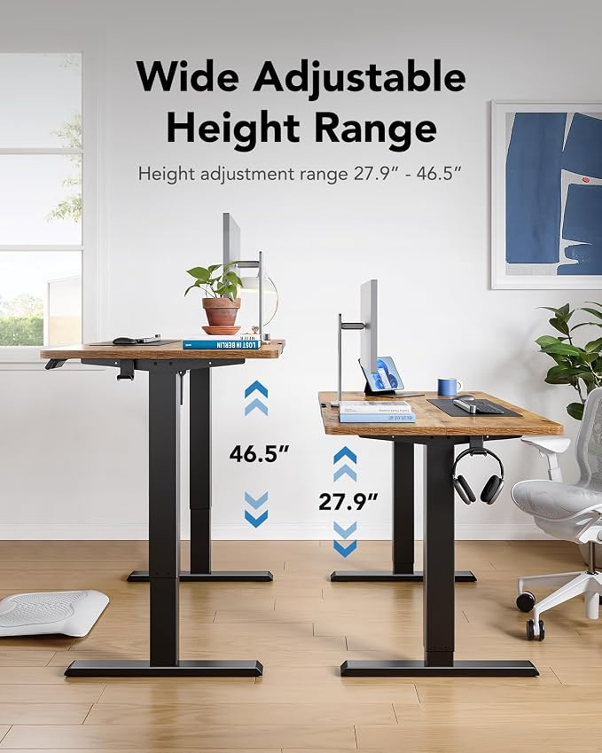 HUANUO 55 x 28 Inch Electric Standing Desk, Height Adjustable Computer Gaming Desk with 4 Memory Presets, Home Office Sit Stand Desk with Hooks & Cable Management, Vintage Brown