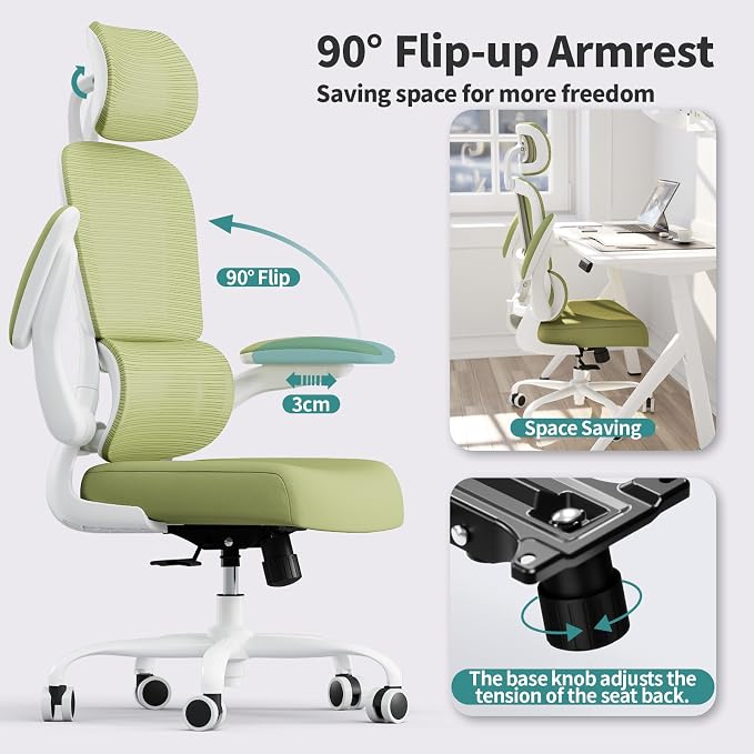 TRALT Office Chair Ergonomic Desk Chair, 330 LBS Home Mesh Office Desk Chairs with Wheels, Comfortable Gaming Chairs (1, Green)