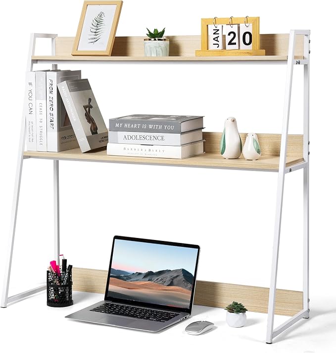 2-Tier Desktop Bookshelf & Hutch, Fits Over Large Monitors, Desk Organizer with Metal Frame, Vertical Storage for Small Desks, Home Office, Dorm, Makeup Vanity