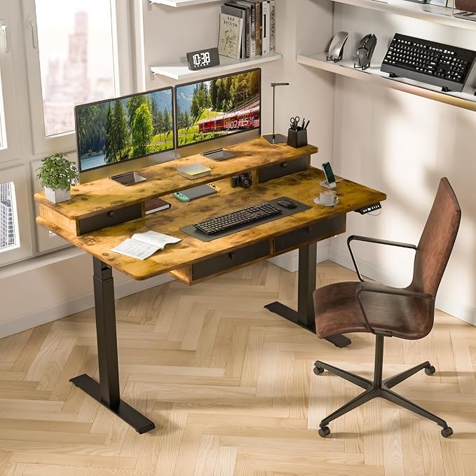 Kingant Electric Standing Desk with 4 Drawers,USB Charging Ports 55"x 30" | Ergonomic Height Adjustable Large Workstation, Heavy-Duty Sit Stand Up Desk For Home Office Daily Work,Rustic Brown