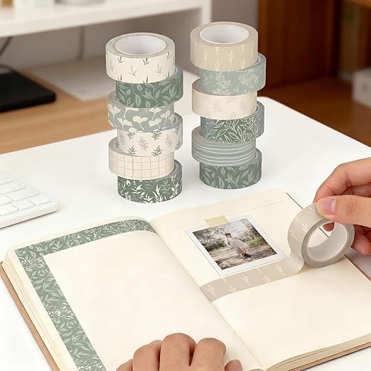 12 Rolls Watercolor Floral Washi Tape Set 15 mm Vintage Flower Decorative Masking Tape for Summer School Arts DIY Craft Scrapbook Journal Supplies Gifts(Sage Green,Leaves)