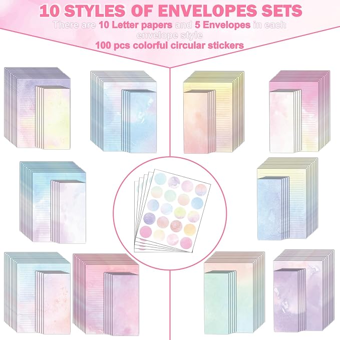 250Pcs Watercolor Stationery Paper and Envelope Set with 100 Letterhead Papers and 50 Envelopes, 10 Design for Letter Writing Invitations Computer Holidays Party Notes, 8.5x11 Inch-Lined