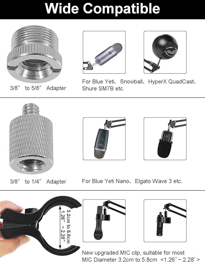Mic Stand Floor Boom Arm with 6.6lbs Weighted Base for Blue Yeti, Nano, Snowball, HyperX QuadCast, SM7B MV7, Fifine K688 and More Mic, Floor Microphone Stand with 3/8" to 5/8" 1/4" Screw, Pop Filter