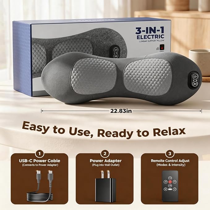 PakWizz 2026 Upgraded 4-in-1 Lumbar Support Pillow with Remote Control | Triple Fusion Back Massager with Heat, Vibration & Stretching, Portable Electric Lumbar Pillow for Home, Office, Travel & Car