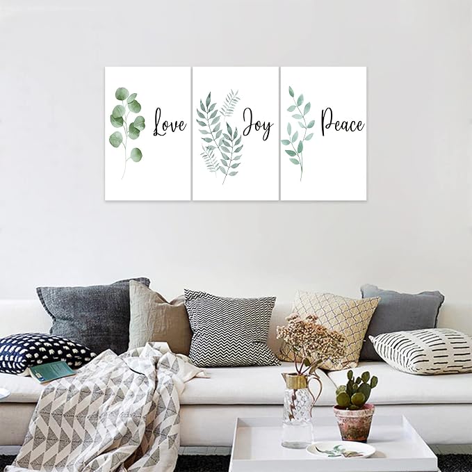 3 Piece Inspirational Wall Art, White Plants Background Picture, Quotes "Love Joy Peace" Canvas Print for Bedroom Decor, Triptych Entrepreneur Painting Framed Artwork for Gym Wall Decor (48"Wx24" H)