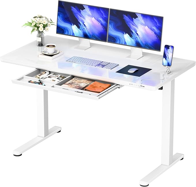 YESHOMY Electric Standing Desk with Tempered Glass Top, 47.2" Height Adjustable Desk with Partitioned Drawer & USB/Type-C Ports, Sit Stand Desk for Home Office, White
