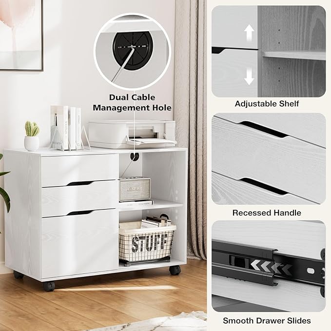 DUMOS Wood File Cabinet with 3 Drawers, Rolling Printer Stand | Under Desk Storage Organizer Home Office Space with Shelves for Files and Office Supplies, White