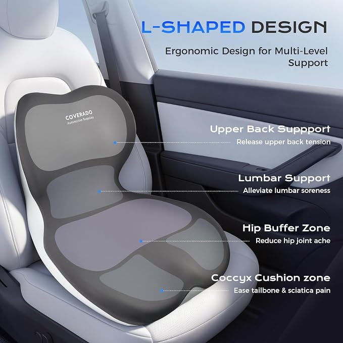 Coverado Car Seat Cushion and Lumbar Support Pillow One Piece, Memory Foam Ergonomic Back Support Driving Seat Cushion for Back Pain, Non-Slip Washable Cushion for Car, Driver, Office