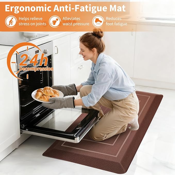 UKISS 9/10"" Extra Thick Cushioned Anti Fatigue Kitchen Mat, Waterproof High Density Foam Standing Desk Mat, Non-Slip Ergonomic Comfort Mat for Kitchen, Office,Workstation (Brown, 20" X 32")