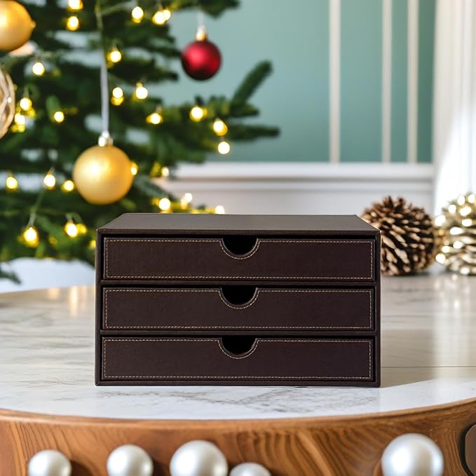 UnionBasic Leather Desktop Drawer Organizer, File Cabinet Magazine Document Holder, Office Supplies Desk Storage Organizer Box, 3 Drawer, Coffee