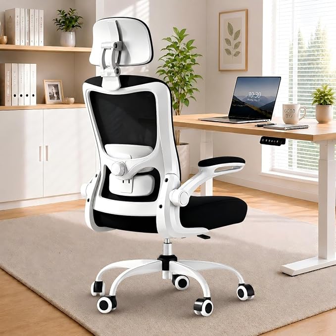 Ergonomic Office Chair for Long Hours, Padded Lumbar Support for Lower Back Relief, 330 lb Capacity, Comfortable Computer Desk Chair for Home Office, Computer & Study (Classic, White/Black)