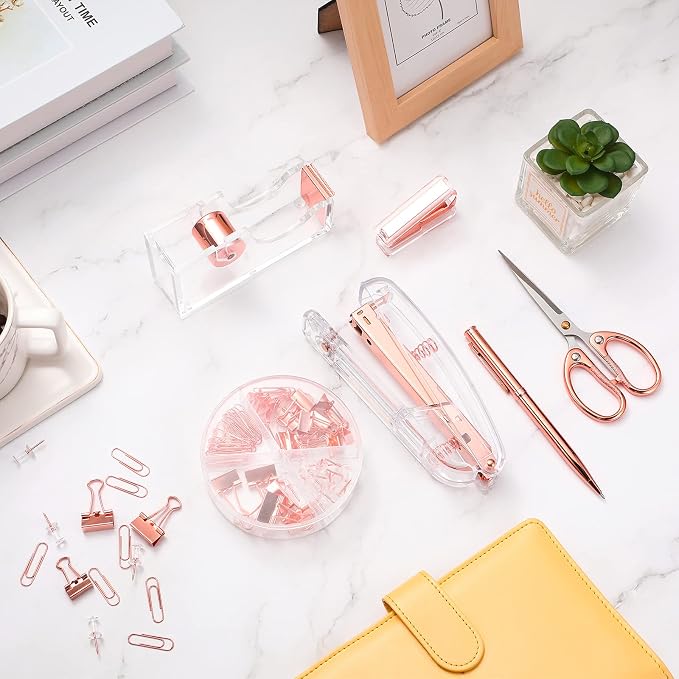 Office Supplies Set Desk Accessory Kit, Acrylic Stapler Set Staple Remover, Tape Dispenser, Binder Clips, Paper Clips, Ballpoint Pen and Scissor with 1000 Pieces 26/6 Staples (Rose Gold)