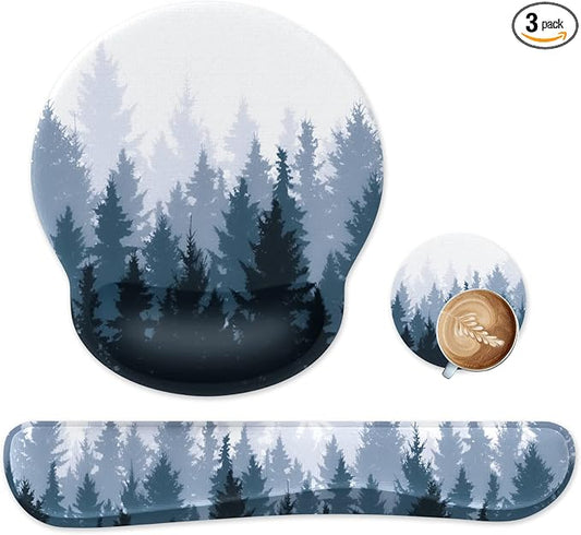 iLeadon Mouse Pad Wrist Support Keyboard Wrist Rest Set, Ergonomic Mouse Pad with Non-Slip Base for Computer Home Office + Coasters, Easy Typing & Pain Relief Mouse Mat, Forest