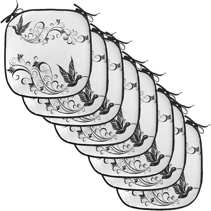 Lunarable Hummingbirds Chair Cushion Pads Set of 8, Tattoo Art Style Hummingbird Silhouette Wildlife Curvy Stems Blooms Imagery, Anti-Slip Seat Padding for Kitchen & Patio, 16"x16", White Black