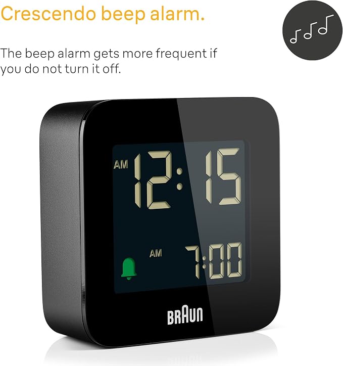 Braun Digital Travel Alarm Clock with Snooze, Compact Size, Negative LCD Display, Quick Set, Crescendo Beep Alarm in Black, Model BC08B (1-Pack)