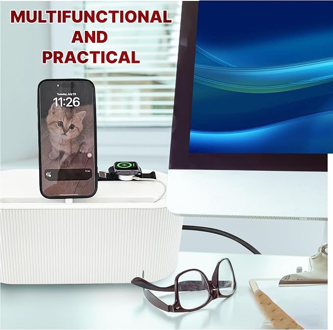 Cable Management Box, White Cord Organizer Box with Lid, 12.4 x 5.1 x 4.8 in, Includes 5 Reusable Cable Ties and 4 Anti-Slip Pads, Cable Hider for Desk, TV Stand, Office