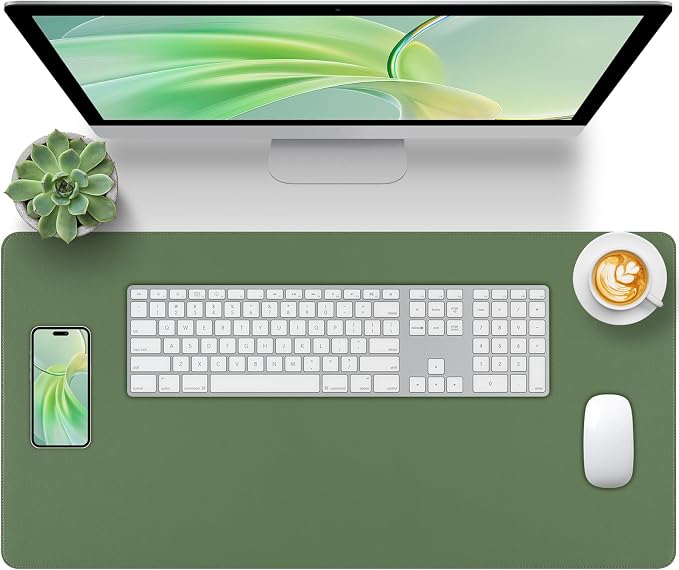Green Leather Desk Pad Large Mouse Pad, 35.4"x17" | Waterproof Desk Mat for Keyboard and Mouse, Non-Slip Computer Desk Protector, Smooth Mouse Control for Home Office