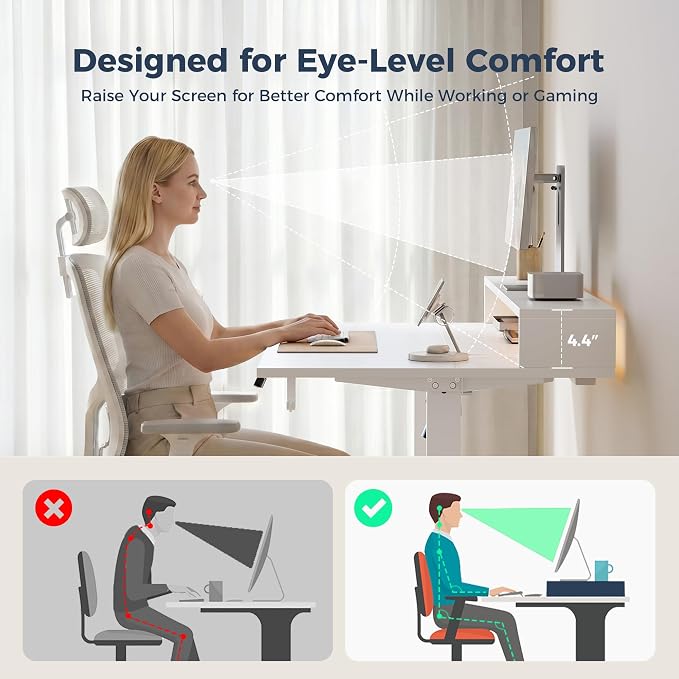 Klicelor Electric Standing Desk with Shelf, 48 Inch Height Adjustable Desk with Power Outlets & LED, Sit Stand Up Table with Monitor Stand, Computer Workstation for Home Office, White
